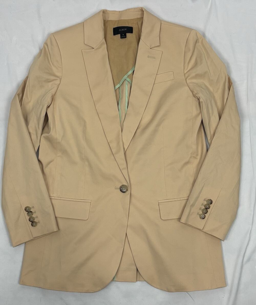 J Crew Women’s Blazer Size 8 Chino Tan One Button Suit Jacket Classic Cotton